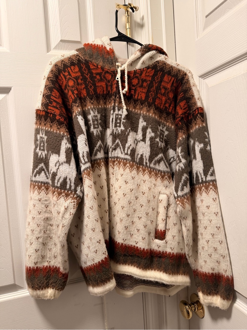 Men's Hooded Crewneck Sweater — Cream, Brown & Rust Pattern